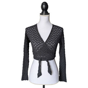 Hill House Black Raschel Knit Ballerina Wrap Sweater Top Small Cropped V Neck